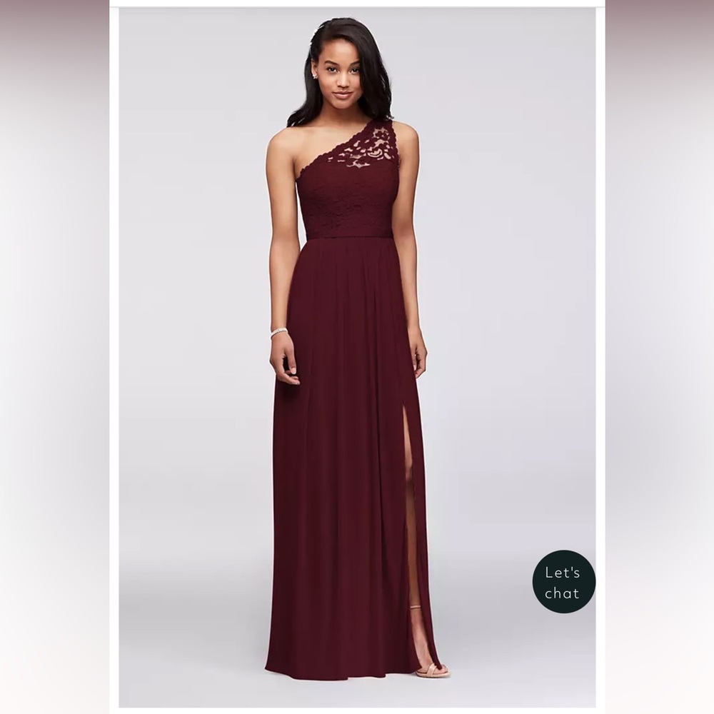 David’s Bridal one shoulder long lace dress in Wine, 8, worn once